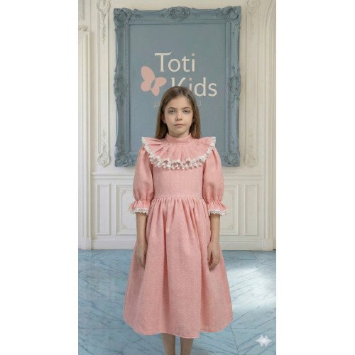 فستان بناتي مقلم بياقة كشكشة انسيابية | ألوان (سماوي، لحمي) - 1143