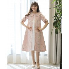 طقم بناتي فستان وجاكيت وردي مطرز بزهور فضية | تصميم ملكي - 1195