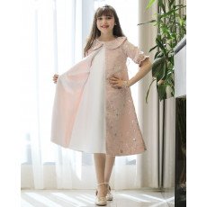 طقم بناتي فستان وجاكيت وردي مطرز بزهور فضية | تصميم ملكي - 1195