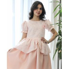 فستان بناتي مطرز بوردة بارزة على الصدر وأكمام منفوشة - 1218 فستان بناتي مطرز بوردة بارزة على الصدر وأكمام منفوشة - 1218