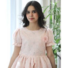 فستان بناتي مطرز بوردة بارزة على الصدر وأكمام منفوشة - 1218 فستان بناتي مطرز بوردة بارزة على الصدر وأكمام منفوشة - 1218