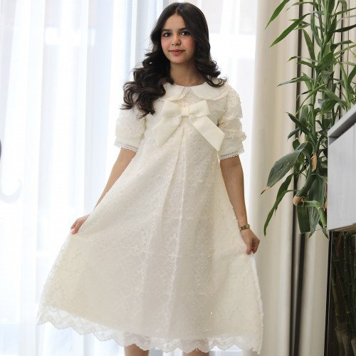 فستان بناتي سكري بفيونكة صدر وكلفة جبير | تصميم كلوش كسرات - 1208