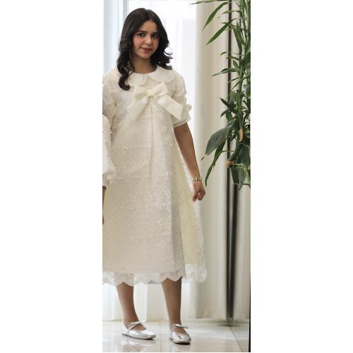 فستان بناتي سكري بفيونكة صدر وكلفة جبير | تصميم كلوش كسرات - 1208