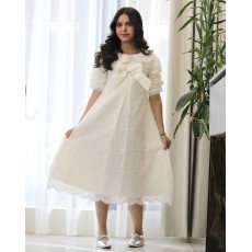 فستان بناتي سكري بفيونكة صدر وكلفة جبير | تصميم كلوش كسرات - 1208