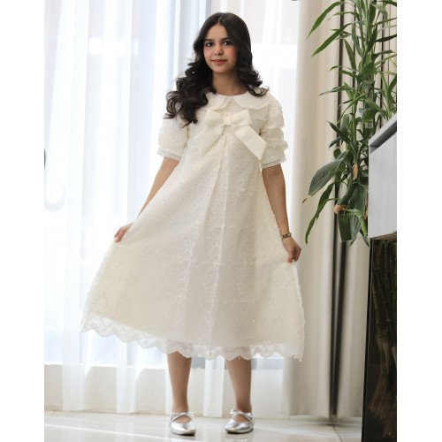 فستان بناتي سكري بفيونكة صدر وكلفة جبير | تصميم كلوش كسرات - 1208