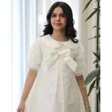 فستان بناتي سكري بفيونكة صدر وكلفة جبير | تصميم كلوش كسرات - 1208