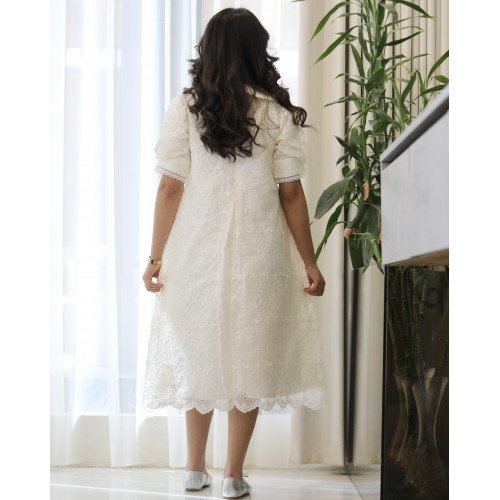 فستان بناتي سكري بفيونكة صدر وكلفة جبير | تصميم كلوش كسرات - 1208