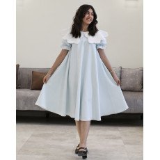 فستان بناتي سماوي مشجر ورود بتصميم خصر مفتوح ودلعة بيضاء - 1200 فستان بناتي سماوي مشجر ورود بتصميم خصر مفتوح ودلعة بيضاء - 1200