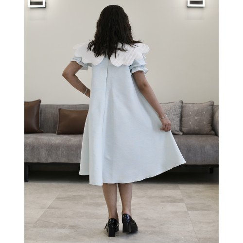 فستان بناتي سماوي مشجر ورود بتصميم خصر مفتوح ودلعة بيضاء - 1200 فستان بناتي سماوي مشجر ورود بتصميم خصر مفتوح ودلعة بيضاء - 1200