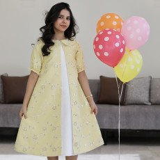 طقم بناتي فستان أبيض وجاكيت مطرز أصفر | إطلالة العيد الفاخرة - 1192