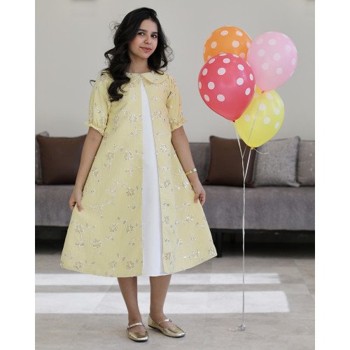 طقم بناتي فستان أبيض وجاكيت مطرز أصفر | إطلالة العيد الفاخرة - 1192