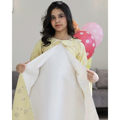 طقم بناتي فستان أبيض وجاكيت مطرز أصفر | إطلالة العيد الفاخرة - 1192