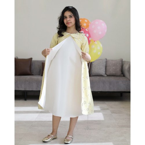 طقم بناتي فستان أبيض وجاكيت مطرز أصفر | إطلالة العيد الفاخرة - 1192