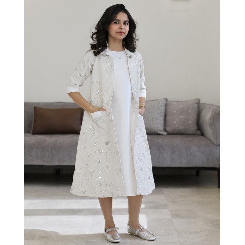 طقم بناتي سكري وجاكيت مطرز بجيوب جانبية | تصميم ملكي - 1194