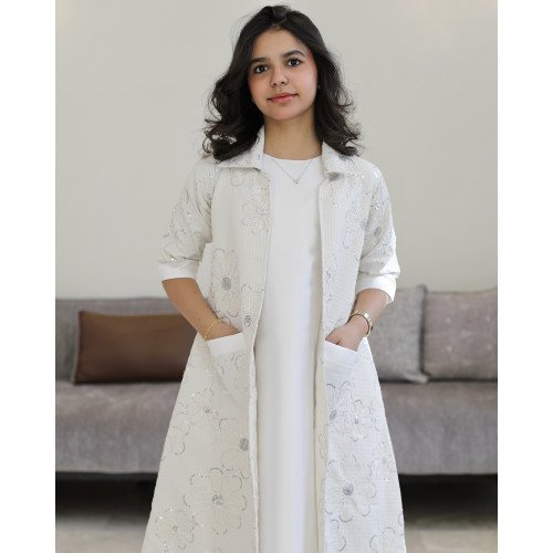 طقم بناتي سكري وجاكيت مطرز بجيوب جانبية | تصميم ملكي - 1194