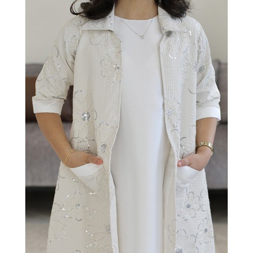 طقم بناتي سكري وجاكيت مطرز بجيوب جانبية | تصميم ملكي - 1194