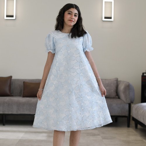 فستان بناتي سماوي مطرز ورود ببريق لامع وقصة نص كلوش - 1225 فستان بناتي سماوي مطرز ورود ببريق لامع وقصة نص كلوش - 1225