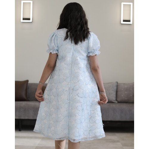 فستان بناتي سماوي مطرز ورود ببريق لامع وقصة نص كلوش - 1225 فستان بناتي سماوي مطرز ورود ببريق لامع وقصة نص كلوش - 1225