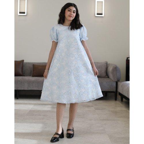 فستان بناتي سماوي مطرز ورود ببريق لامع وقصة نص كلوش - 1225 فستان بناتي سماوي مطرز ورود ببريق لامع وقصة نص كلوش - 1225