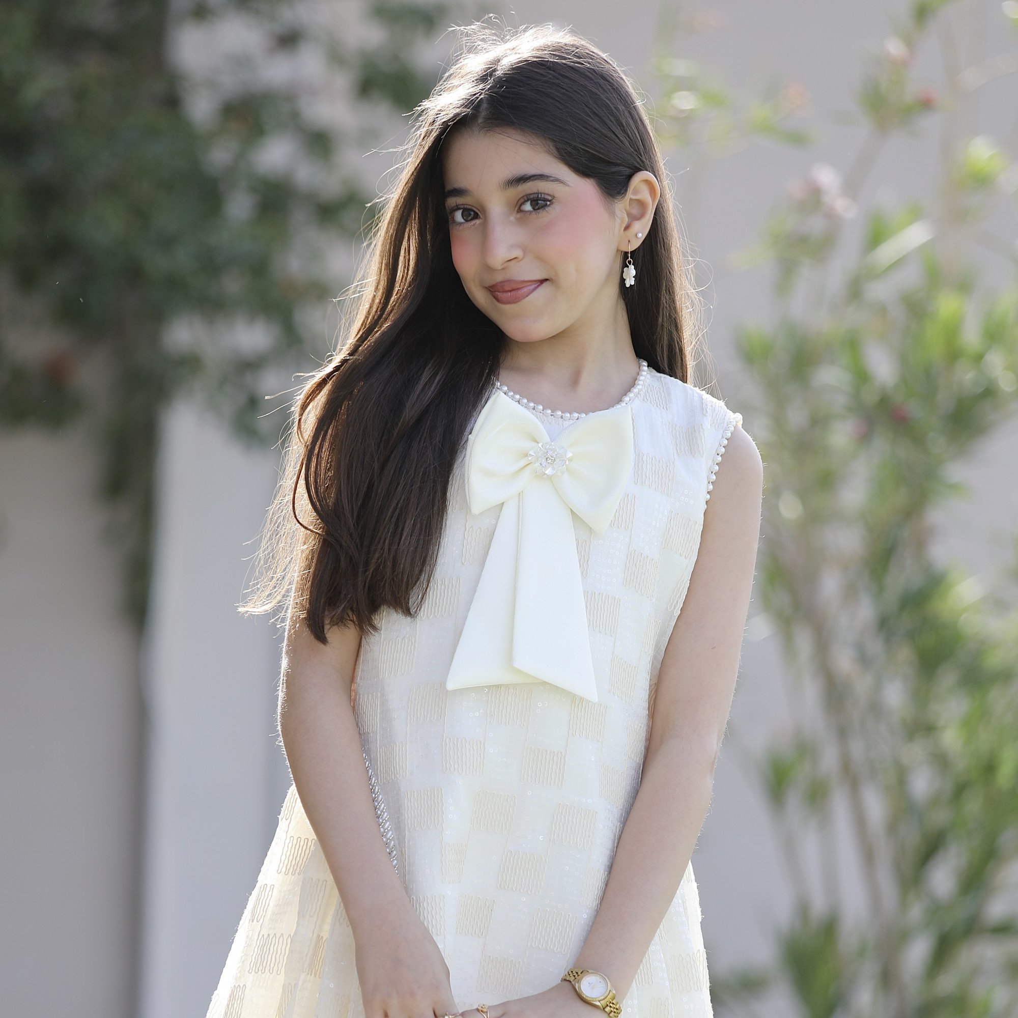 فستان بناتي سكري كاروهات بفيونكة صدر وتحديد لؤلؤ ملكي - 1203