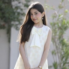 فستان بناتي سكري كاروهات بفيونكة صدر وتحديد لؤلؤ ملكي - 1203