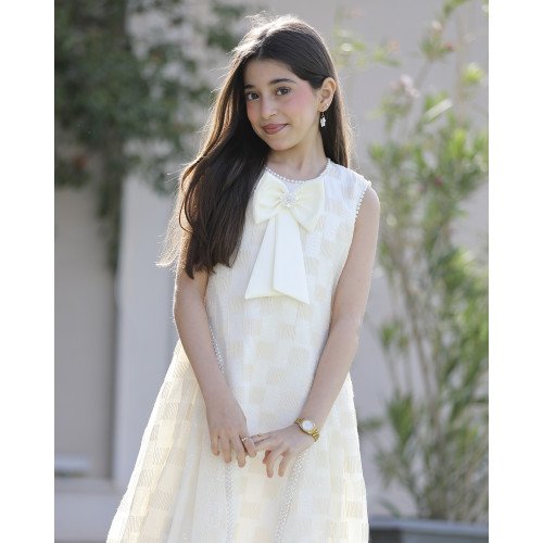 فستان بناتي سكري كاروهات بفيونكة صدر وتحديد لؤلؤ ملكي - 1203