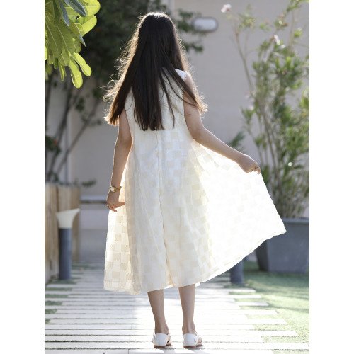 فستان بناتي سكري كاروهات بفيونكة صدر وتحديد لؤلؤ ملكي - 1203