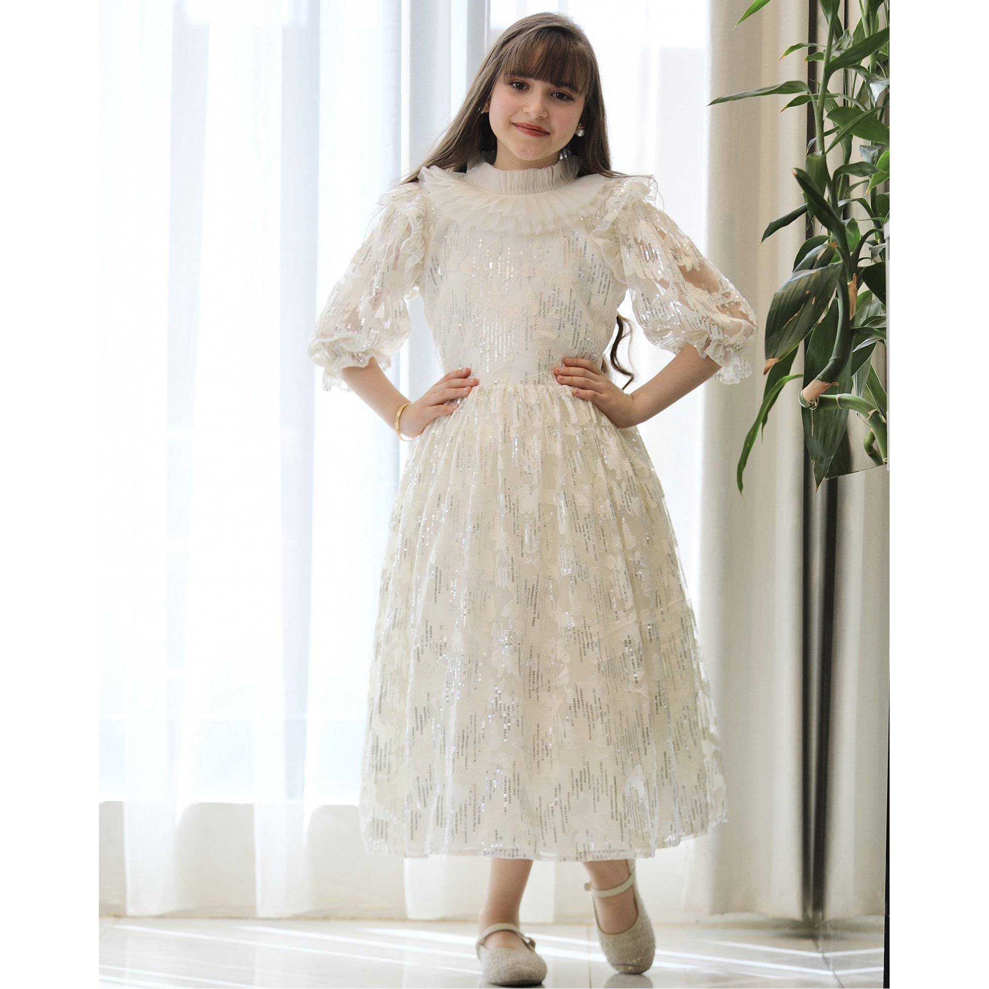 فستان بناتي مطرز لمعة بياقة كشكشة وأكمام "باف" فاخرة - 1211