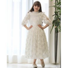 فستان بناتي مطرز لمعة بياقة كشكشة وأكمام "باف" فاخرة - 1211