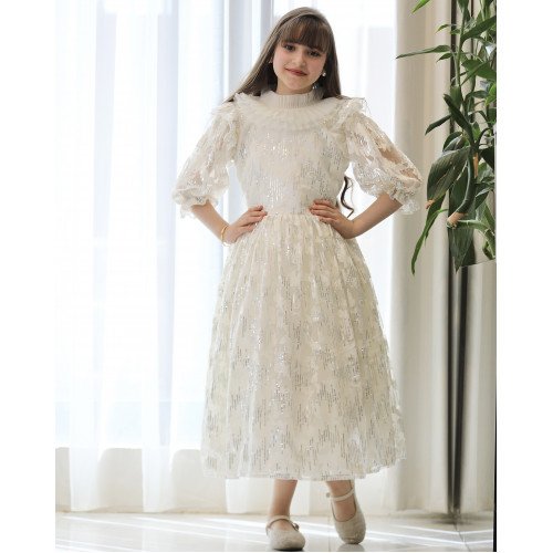 فستان بناتي مطرز لمعة بياقة كشكشة وأكمام "باف" فاخرة - 1211