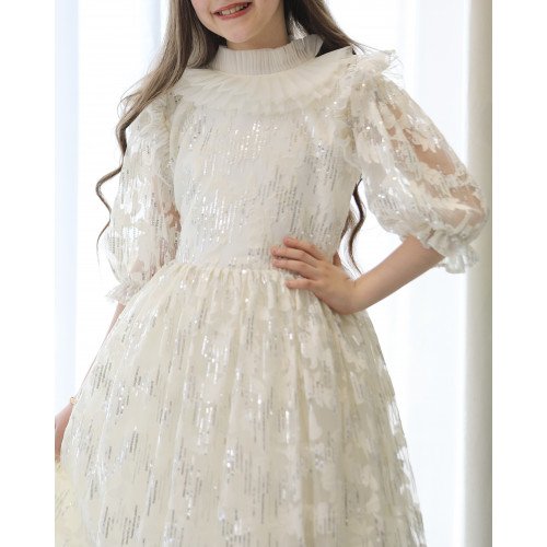 فستان بناتي مطرز لمعة بياقة كشكشة وأكمام "باف" فاخرة - 1211