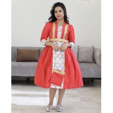 فستان بناتي قرقيعان أحمر مطرز بكنار ذهبي مع شنطة مطابقة - M3813