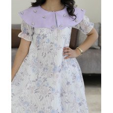 فستان بناتي مشجر بنفسجي بياقة مرصعة بالإكسسوار اللامع - M3811 فستان بناتي مشجر بنفسجي بياقة مرصعة بالإكسسوار اللامع - M3811