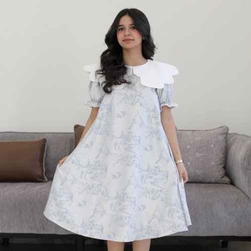 فستان بناتي مشجر بنقوش الطبيعة بياقة بيضاء عريضة كلوش - 1215 فستان بناتي مشجر بنقوش الطبيعة بياقة بيضاء عريضة كلوش - 1215