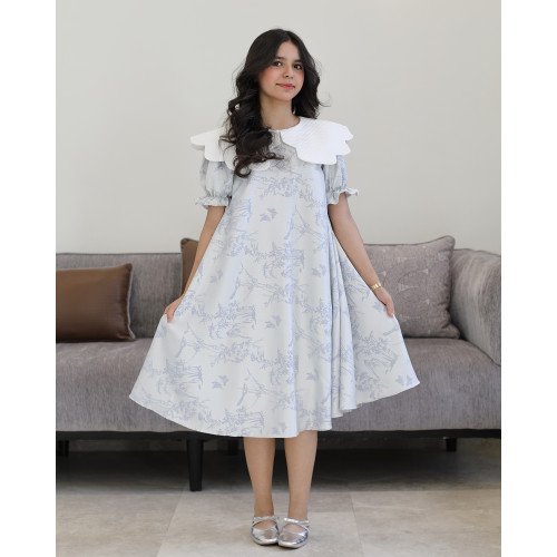 فستان بناتي مشجر بنقوش الطبيعة بياقة بيضاء عريضة كلوش - 1215 فستان بناتي مشجر بنقوش الطبيعة بياقة بيضاء عريضة كلوش - 1215