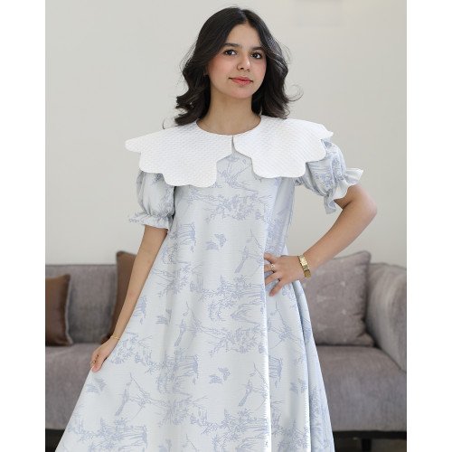 فستان بناتي مشجر بنقوش الطبيعة بياقة بيضاء عريضة كلوش - 1215 فستان بناتي مشجر بنقوش الطبيعة بياقة بيضاء عريضة كلوش - 1215