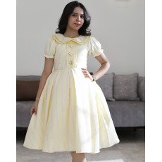 فستان بناتي أصفر للعيد مخطط بياقة مزدوجة وأزرار ديكور فاخرة - 1227