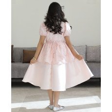 فستان بناتي وردي مطرز بوردة بارزة (3D) وقصة بيبلوم ملكية - 1210 فستان بناتي وردي مطرز بوردة بارزة (3D) وقصة بيبلوم ملكية - 1210