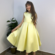 فستان سهرة ميكادو ليموني فاخر | ذيل مرصع وقصة ظهر مميزة مع فيونكة - m3778