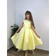 فستان سهرة ميكادو ليموني فاخر | ذيل مرصع وقصة ظهر مميزة مع فيونكة - m3778