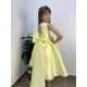 فستان سهرة ميكادو ليموني فاخر | ذيل مرصع وقصة ظهر مميزة مع فيونكة - m3778