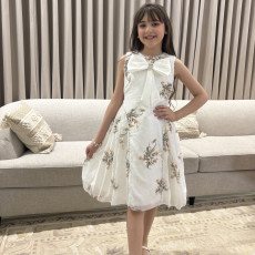 فستان بناتي سكري مشجر بفيونكة صدر ضخمة وتطريز لؤلؤ ملكي - M3888