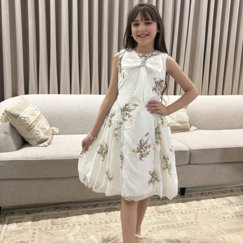 فستان بناتي سكري مشجر بفيونكة صدر ضخمة وتطريز لؤلؤ ملكي - M3888