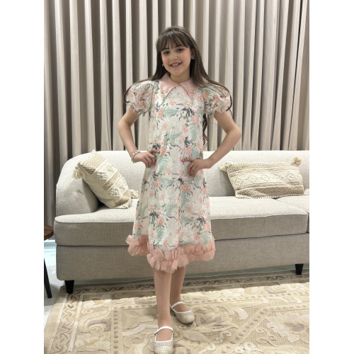 فستان بناتي مشجر زهور بياقة مرصعة بالكريستال وكشكشة سفلية - M3812