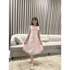 فستان بناتي وردي بفيونكة صدر ضخمة وتطريز لؤلؤ ملكي - M3880