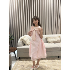 فستان بناتي وردي بفيونكة صدر ضخمة وتطريز لؤلؤ ملكي - M3880