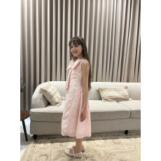 فستان بناتي وردي بفيونكة صدر ضخمة وتطريز لؤلؤ ملكي - M3880