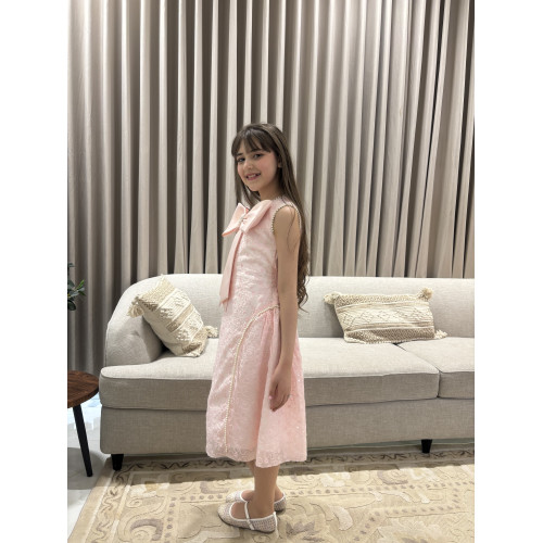 فستان بناتي وردي بفيونكة صدر ضخمة وتطريز لؤلؤ ملكي - M3880