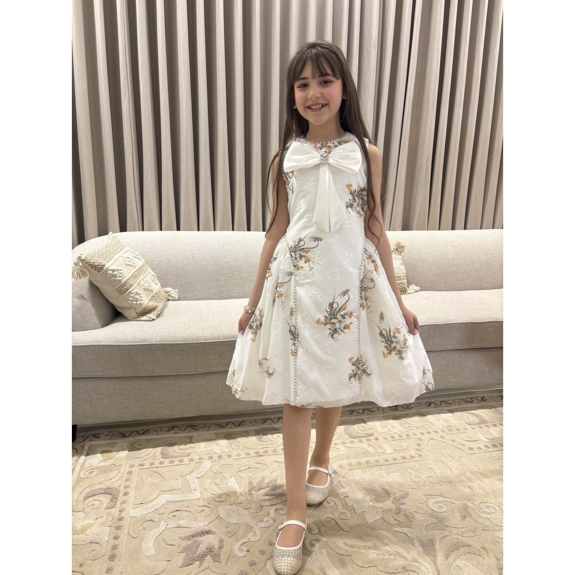 فستان بناتي سكري مشجر بفيونكة صدر ضخمة وتطريز لؤلؤ ملكي - M3888