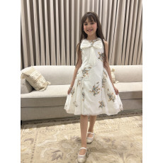 فستان بناتي سكري مشجر بفيونكة صدر ضخمة وتطريز لؤلؤ ملكي - M3888